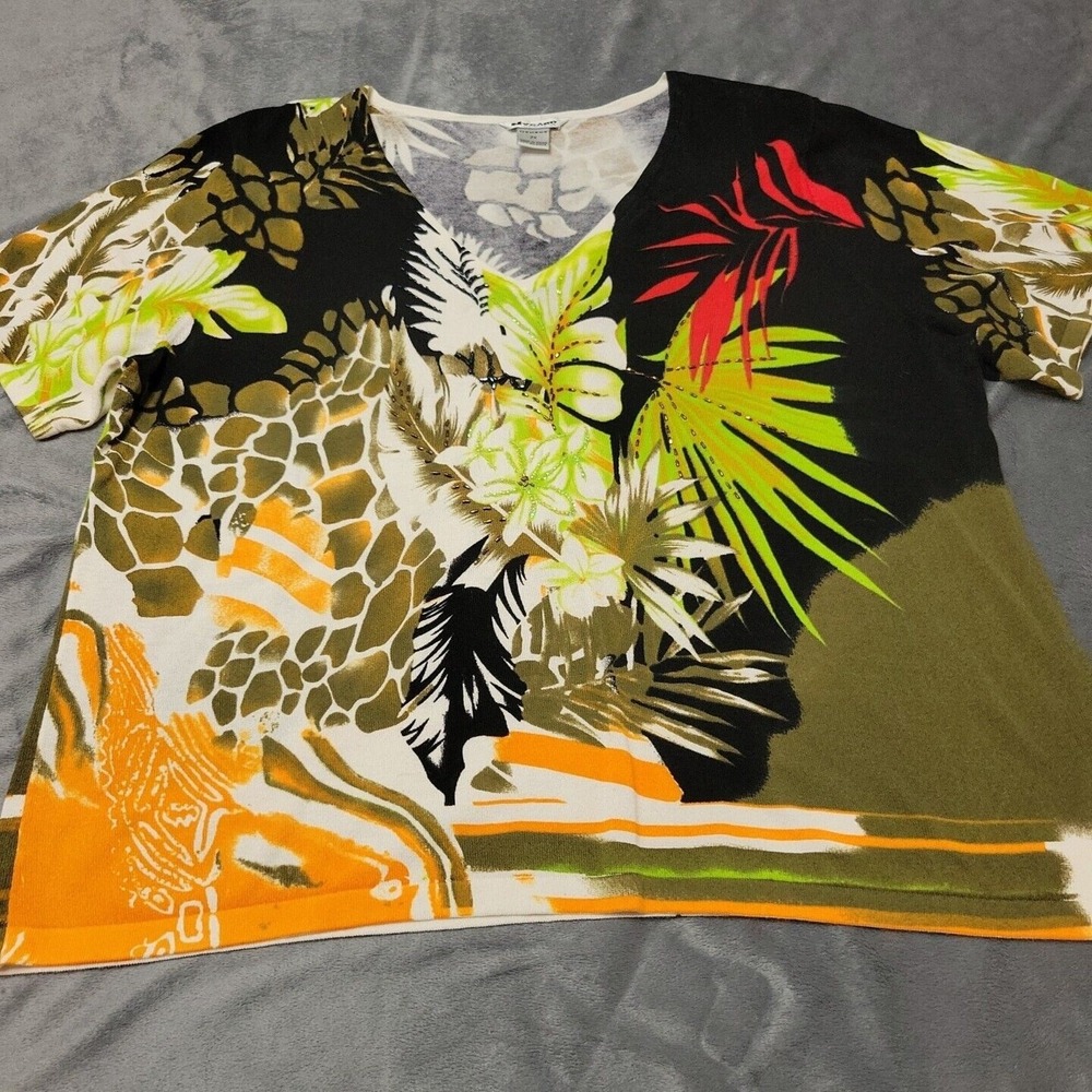 Nvgard Shirt Womens 2X Cream Colorful Giraffe Bead Slinky Comfort Stretch Top